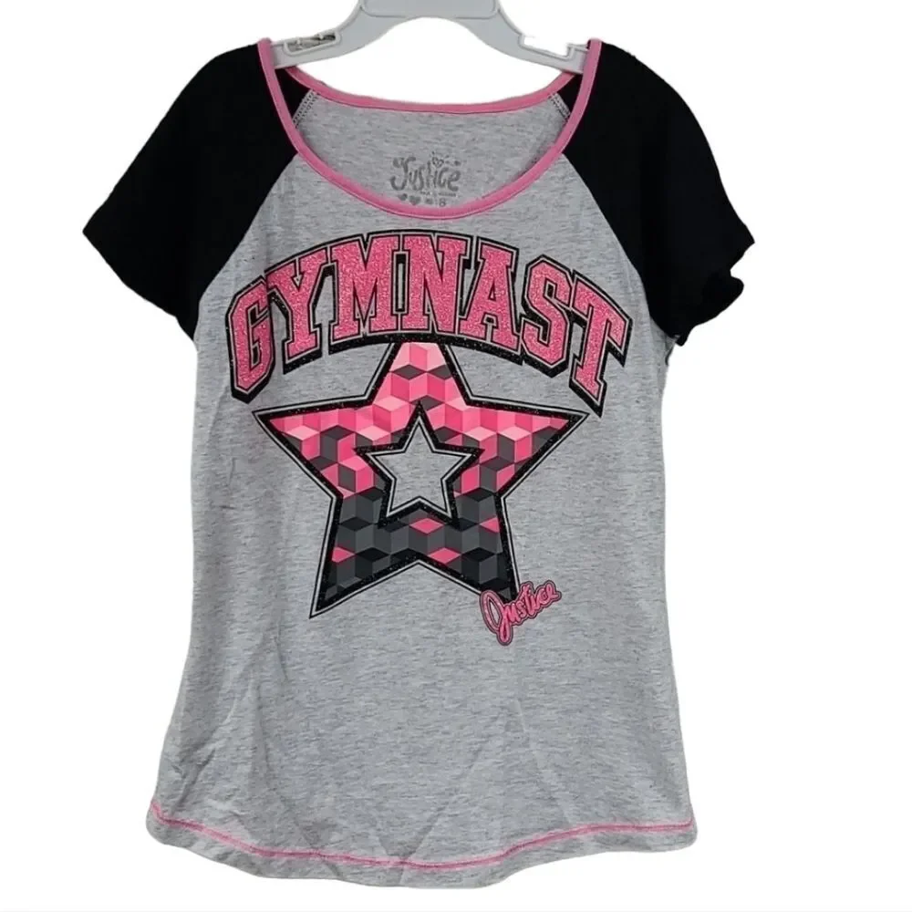 Justice Girls 8 GYMNAST Pink Glitter Raglan T-Shirt Black Gray Tee Knit Top
